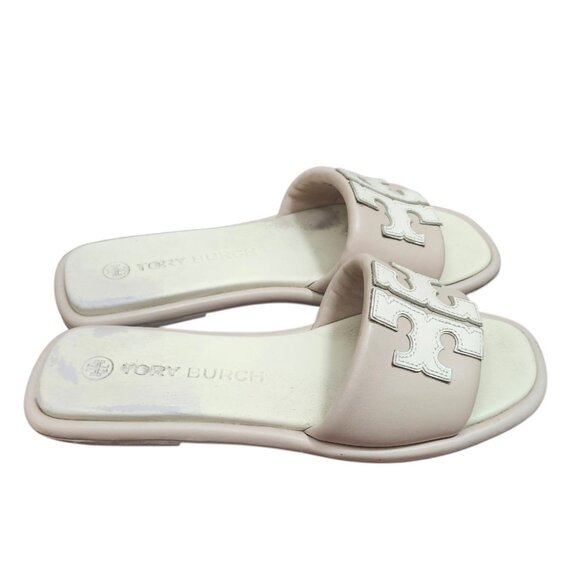Tory Burch Women Leather Slide Sandals Double T Logo Beige Cream Flat Slip On 10 - Picture 5 of 12